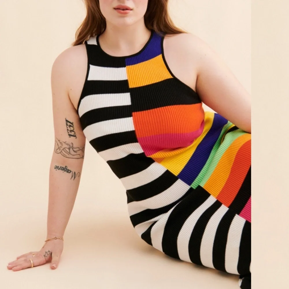ELOQUII Mixed Striped Ribbed dress‎ colorful sleeveless maxi length Sz 26/28 new - Picture 12 of 14